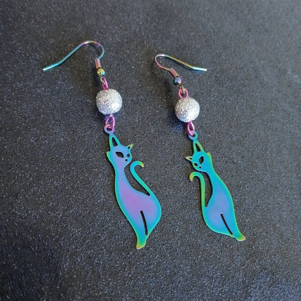 Titanium Rainbow Elegant Cat Hypoallergenic Dangle Earrings New Colorful Cute - Picture 2 of 5